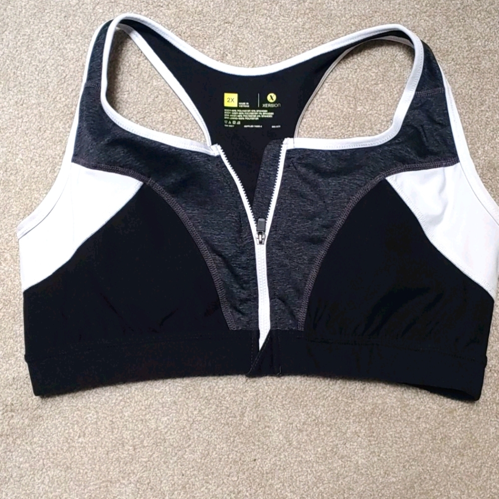 Sports Bra, Xersion Front Zip , Black & White, 2X
